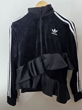 Adidas Black Velour Track Jacket with White Stripes